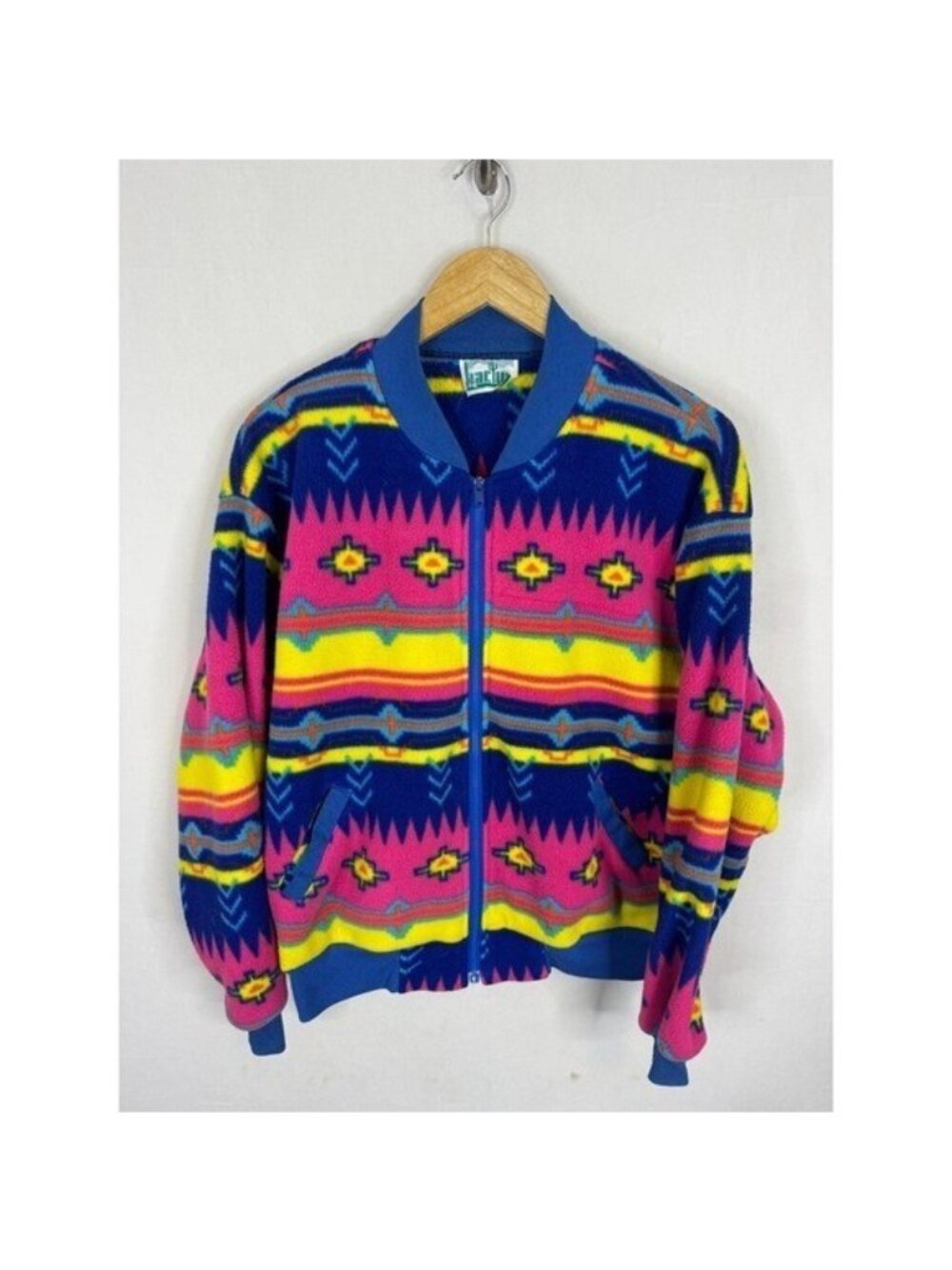 Vintage Kactus Fleece Bomber Jacket Southwestern Geometric Neon Blue Pink M